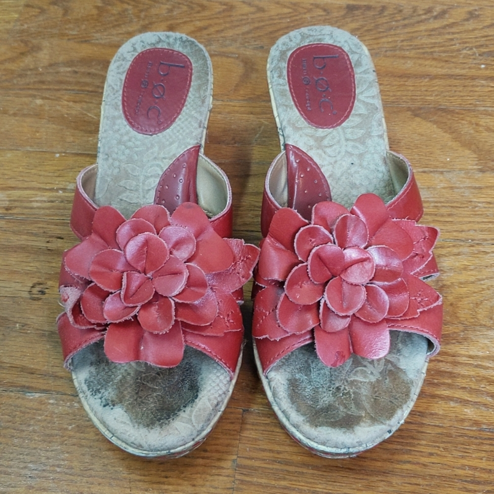 Born on concept red leather flower wedges
